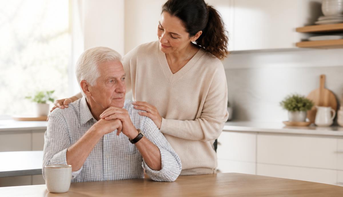 Senior man and his daughter in a bright kitchen